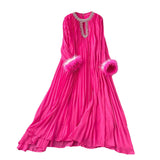 2025 New Elegant Solid Dress Round Collared Loose Hair Splicing 100 Folding Long