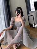 Puff Sleeve Long Dresses for Women Party Korea Fashion Slim Folds Square Collar Streetwear Bodycon Dress Elegant