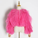 Elegant Patchwork Ruffles Chiffon Blouses Women O Neck Lantern Long Sleeve Loose Shirt Female Clothing