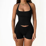 Solid Summer Halter Two Piece Sets Fashion Outfit Halter Backless Crop Top and Shorts Matching Set Slim Co-Ord