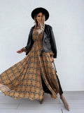 Casual Khaki Plaid Lace-up Neck Split Maxi