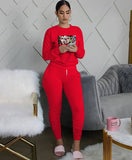 Casual Sports Cartoon Printed Ruched Bloused And Matching Dtrawstring Pants Two Piece
