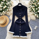 Luxury Famous Knitted Dress Woman Autumn Wooden Ear Over The Collar To Slim Beautiful Sister Mid-Long