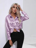 New Loose Long-Sleeved Blouse Simple V-Neck Cardigan Shirt Button Blouse Solid Color-Outfit