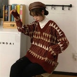 Sweaters Women Vintage Argyle Korean All-Match Chic V-Neck Ladies Pullovers Student Lazy Style Popular Winter Womens Sweater