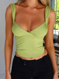 Women Solid Ruched Camisoles Deep V-neck Sleeveless Tie-Up Backless Tank Tops Summer Party Mini Vest Streetwear 2024-Outfit