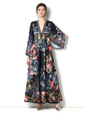 Sexy V-Neck Holiday Beach Dress 2022 Spring Women Flared Sleeve High Waist Button up Floral Print Long Party