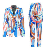Print Two Piece Set For Women Notched Long Sleeve Blazer High Waist Full Length Pant Hit Color Sets Female 2021