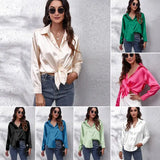New Loose Long-Sleeved Blouse Simple V-Neck Cardigan Shirt Button Blouse Solid Color-Outfit