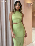 Sexy Green Pleated Women'S Skirt Suit Summer Sleeveless Crop Top With High Waisted Skirts Set Bodycon Suits With