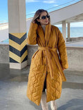 Women Fashion Long Lace-up Padded Jacket 2022 New Winter Thick Warm Outerwear Elegant Solid Cotton Lined Lady Jackets