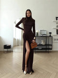 And Winter Fashion Women's High-Necked Long-Sleeved Splicing Strap To Close The Waist-Repair Temperament Solid-Colored Dress