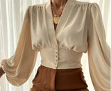 Elegant Leisure Button V-neck Lantern Sleeve Top