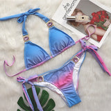 Toloer 2023 New Bikini Sexy Gradient Print Strap Swimsuit, Luxury Crystal Diamond Vacation