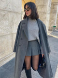 Women Double Breasted Woolen Coat Lapel Collar Long Sleeves Solid Long Wool Coat Winte Fashion Warm Loose Woolen