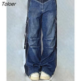 Y2K High Street Patchwork Women Baggy Pants Denim Pockets Up Blue Low Waist Wide Leg Jeans Vintage Casual Cargo