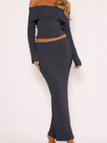 Women 2 Pieces Outfits Slash Neck Off Shoulder Long Sleeve Ribbed Knitted T-shirts Tops Long Skirts Streetwear 2023-Outfit