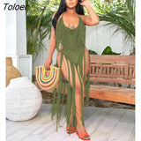 Sexy Tassel Fringe Knitted Hollow Out One Piece Swimsuit Bodysuit Beach Swimwear Women Bikini Set Fashion Holiday