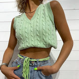 Y2K Sleeveless Autumn Sweater Pullover Casual Plaid Knitted 90s Knitted Crop Sweaters Casual Autumn Preppy