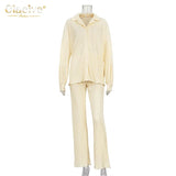 Causal Loose Home Suit Autumn Long Sleeve Blouse With High Wasit Pants Set Women Elegant Pleated Beige 2 Piece Pant