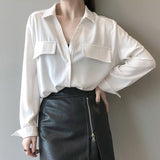 Casual Loose Satin Silk Blouses Women 2023 Autumn Casual Office Long Sleeve Shirt Fashion Turn-down Collar Women Tops