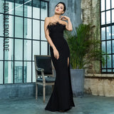 Graduation Party Dress Gift Black Strapless Cut Out Feather Long