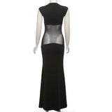 Black Mesh Spliced Design Short Sleeve Maxi Dress-Outfit