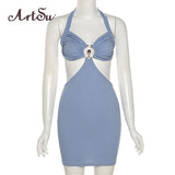 Halter Sexy Backless Halter Mini Dress Women Elegant Ring Metal Cut Out Sleeveless Ribbed Knit Summer Dresses