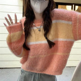 Celebrity Sweater Woman 2024 Spring And Autumn Collision Color Stripe Design Feeling Lazy, Loose, Thin And Gentle Pullover Girl-Outfit