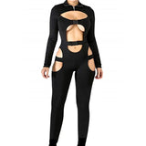 Women Bodycon Jumpsuit Solid Color Overalls Long Sleeves Rompers Bodysuits High Neck Hollow Out Buckle Biker Short