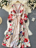 Spring Summer Fashion Runway Elegant Beach Dress Women Deep V Neck Floral Print Boho Holiday Party Long Dress