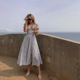 Dress Women Flroal Printed Maxi Dresses Short Puff Sleeve Drawstring Ruched Party High Split Vestidos Long Sexy
