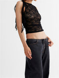 Lace Floral See Through Tank Tops for Women Mesh Sheer Sleeveless Tassels Sexy Black Slim Mini Vests Streetwear 2023-Outfit