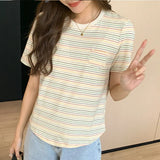 Style Rainbow Striped Round-Neck T-Shirt Women's Summer Loose Style Vintage Blouse Design Sense Minority-Outfit