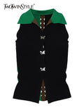 Sexy Patchwork Colorblock Tank Tops For Women Lapel Sleeveless Straight Single Breasted Vests Female Summer