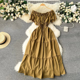 Dress Women's Dress Temperament Gentle Wind The Word Shoulder Bubble Sleeves Waist Shows Thin Fairy Dress Sweet Holiday Dress-Outfit