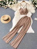 Knitted Pocket Women Sport Sets Backless Strapless Camisole+ Summer Elastic Waist Wide Leg Pants Fashion Two Piece