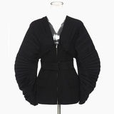 Women Black Pleated Belt Temperament Blazer New V-collarLong Sleeve Loose Fit Jacket Fashion Spring Autumn 2023