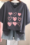 100% Cotton L-6XL T Shirt Plus Size Tshirt Short Sleeve Women Top Summer Heart Print Sweet V Neck Oversized T