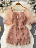 Pleated Design Splice Ruffled Jumpsuit Women Mesh Solid Square Neck Backless Zipper Ladies Chiffon Casual