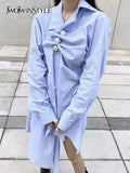 Casual Patchwork Pearl Dress For Women Lapel Long Sleeve Irregular Striped Shirt Dresses Female Fashion New