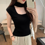Sense Hanging Neck Shoulder Sleeveless Knitted Shirt Spring New Slim High Waist Short Vest Bottomed Blouse-Outfit
