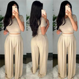 Dropshpping High Quality New Women Two-piece Sets Solid Color Tight Casual Sets Tight Top + Wide Leg Pants