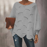 Loose Knitted Sweater Casual Oversized Soft Lantern Sleeve Hollow Out Pullover Fashion O-Neck Solid Female Sweaters