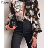 Women Sexy Backless Hollow Print Shirts Fashion Party Crop Top 2023 Spring Casual Stand Long Sleeve Office Lady Blouses And