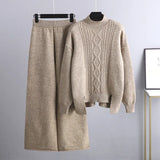 Winter Women Sweater Suits Thick Turtleneck Loose Sweater+ Wide Leg Long Pants Female Knitted Warm Two Pieces