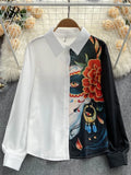 Women Print Spliced Long Blouse Casual Long Sleeve Button Loose 2022 Autumn Streetwear French Office Lady Fashion