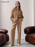 Autumn Winter Brown 2 Piece Sets Womens Outfits Office Wear Pocket Shirt And Pleated Trousers Two Piece Sets