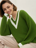 Autumn Women's Striped Knitted Sweater Oversize Thick Warm Loose Jumper Tops Vintage V Neck Ladies Pullover Sweaters