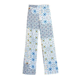 Women Chic Fashion Patchwork Print Wide Leg Pants Vintage High Elastic Waist Side Pockets Female Trousers